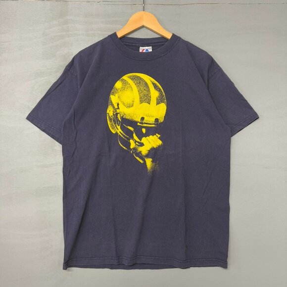 Vintage‎ Michigan Wolverines 90s Majestic Helmet “Go Blue” Tee Shirt Large - Picture 1 of 6